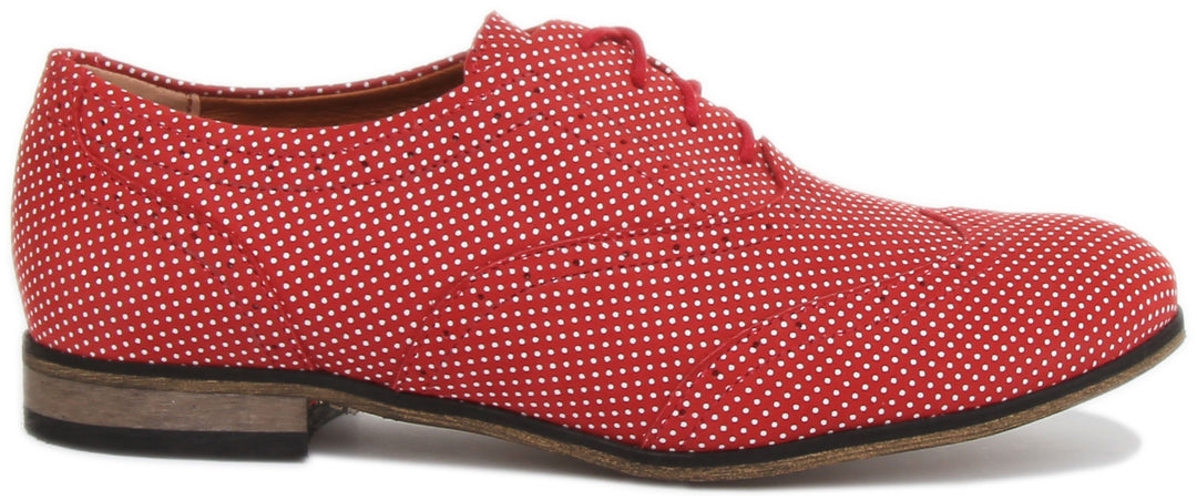 JUSTINREESS Kalina Scarpe brogue da donna in pelle con stampa a pois in rosso