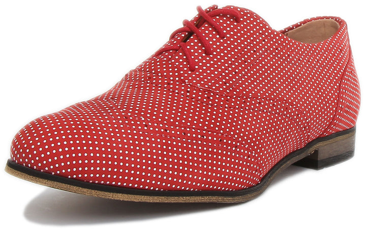 JUSTINREESS Kalina Scarpe brogue da donna in pelle con stampa a pois in rosso