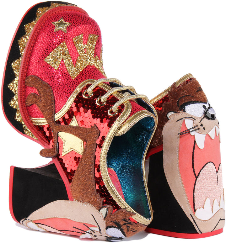 Irregular Choice Tazmanian Zapatos de lentejuelas con tacón de encaje para mujer en rojo