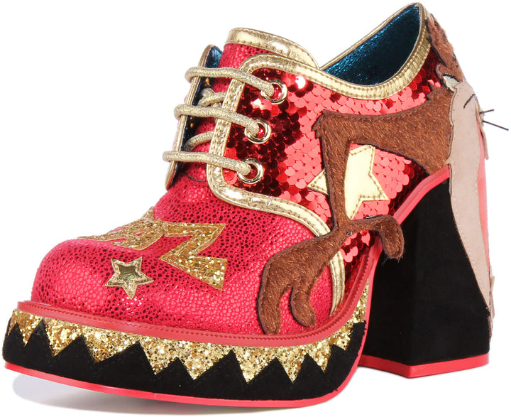 Irregular Choice Tazmanian Frauen Schnürung Block Absatz Pailletten Schuhe Rot