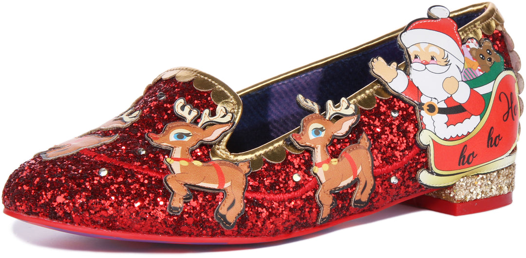 Irregular Choice Santas Sleigh Frauen Schlupf Auf Flach Partei Pumpe Schuhe Rot Mix