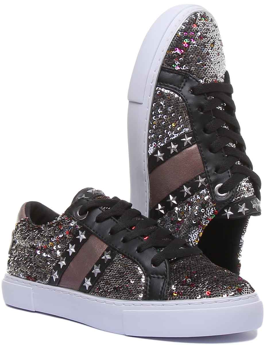 Guess Grayzin3 Active Women's Low Top Lace Up Sequin Sneakers In Silver