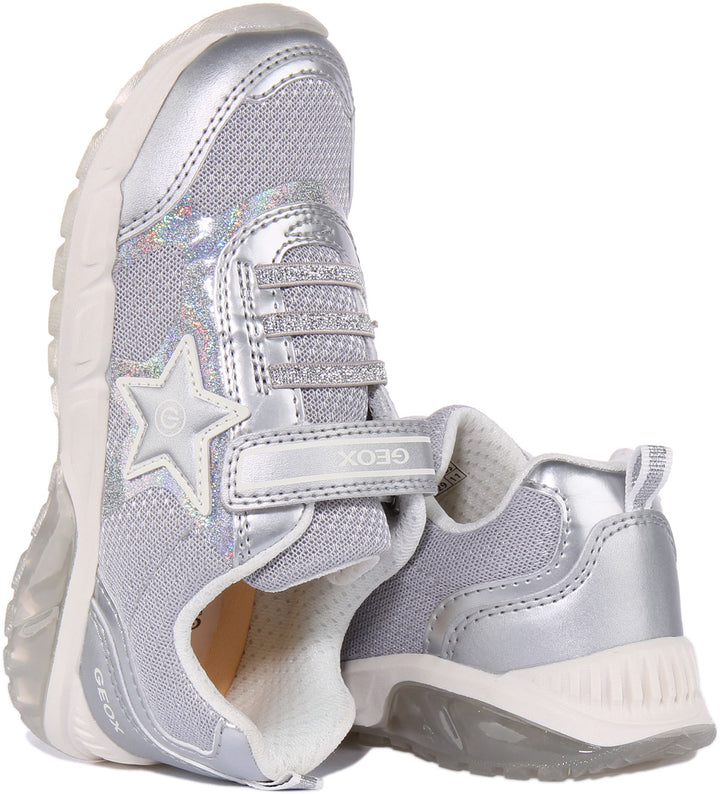 Geox J Spaziale Zapatillas de malla deslizantes iluminado para niños en plata