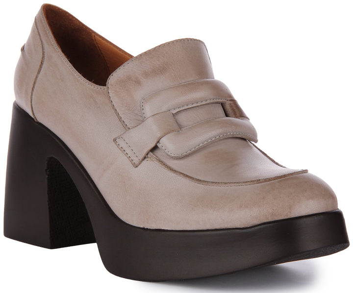 JUSTINREESS Nyra Scarpe Oxford con tacco medio e grosso in pelle da donna in pietra