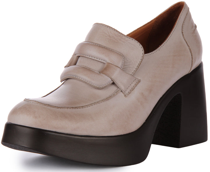 JUSTINREESS Nyra Scarpe Oxford con tacco medio e grosso in pelle da donna in pietra