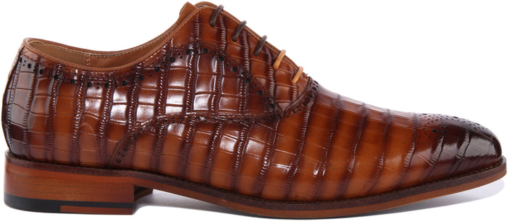 JUSTINREESS Andre Chaussures Brogue à lacets en cuir imprimé croco pour hommes en tan
