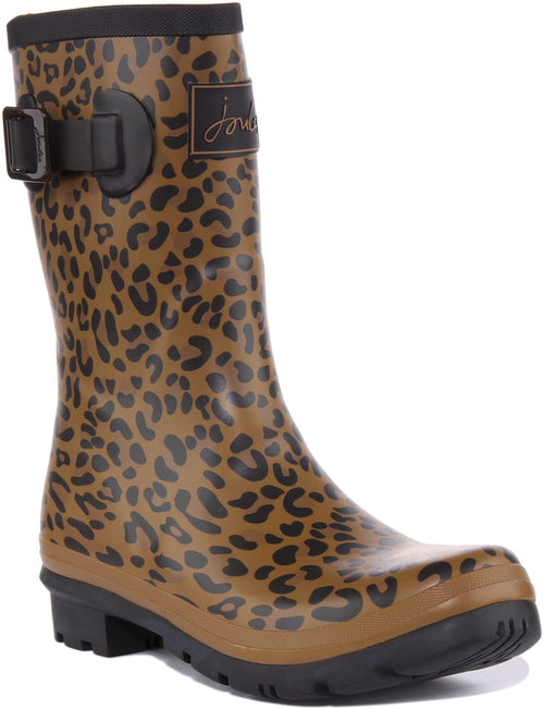 Joules Molly Welly Bota de lluvia con estampado de leopardo para mujer en bronceado