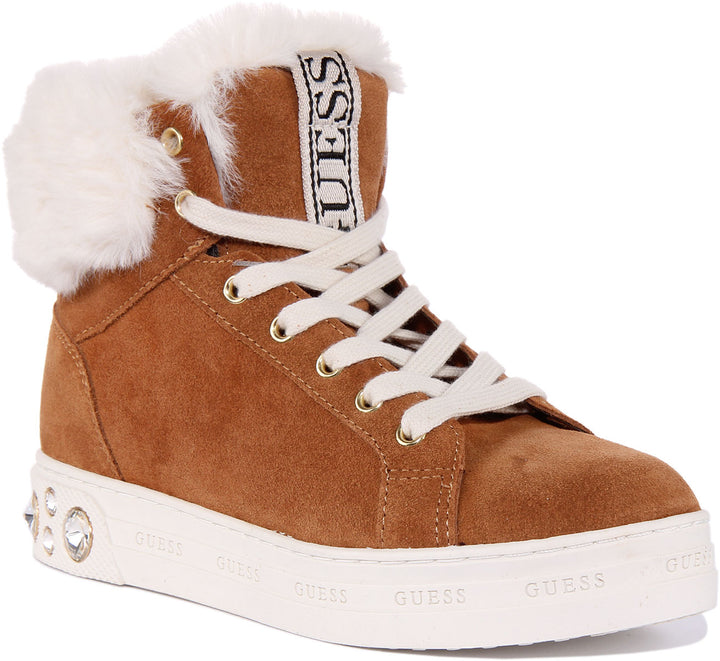 Guess Ruke Diamante Heel High Top Trainer  In Tan