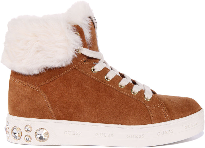 Guess Ruke Diamante Heel High Top Trainer  In Tan