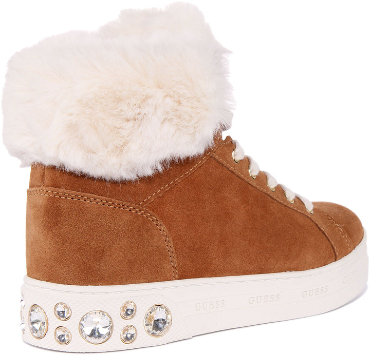 Guess Ruke Diamante Heel High Top Trainer  In Tan