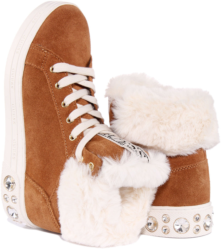 Guess Ruke Diamante Heel High Top Trainer  In Tan