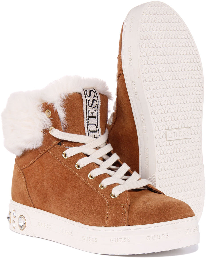 Guess Ruke Diamante Heel High Top Trainer  In Tan