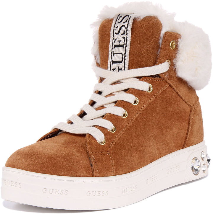 Guess Ruke Diamante Heel High Top Trainer  In Tan