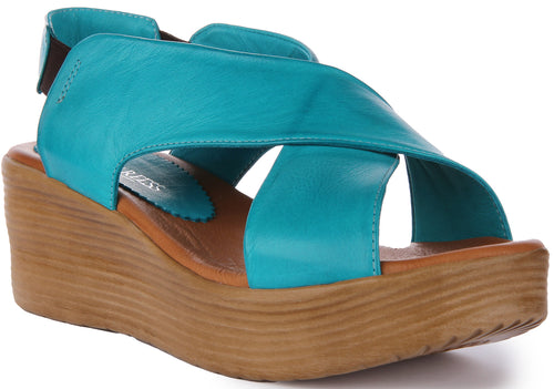 JUSTINREESS Flora Sandale compensée en cuir avec dos élastiqué pour femme en turquoise