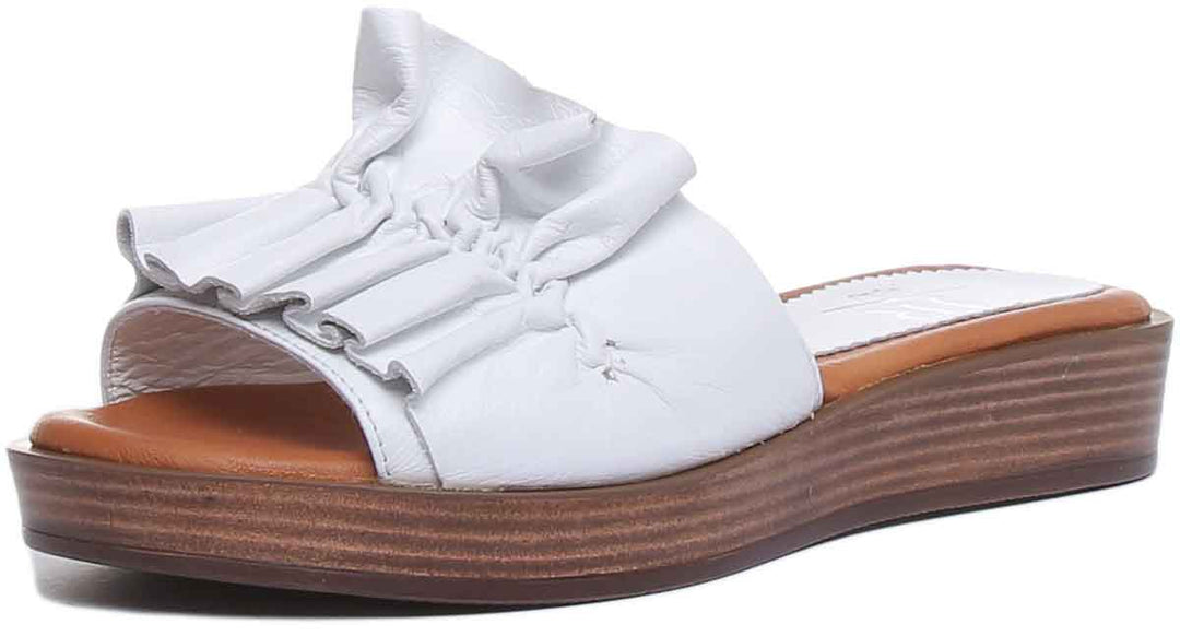 JUSTINREESS Myra Women's Ruffle Soft Leather Sandal In White Myra Sandale à volants en cuir souple pour femmes, en blanc