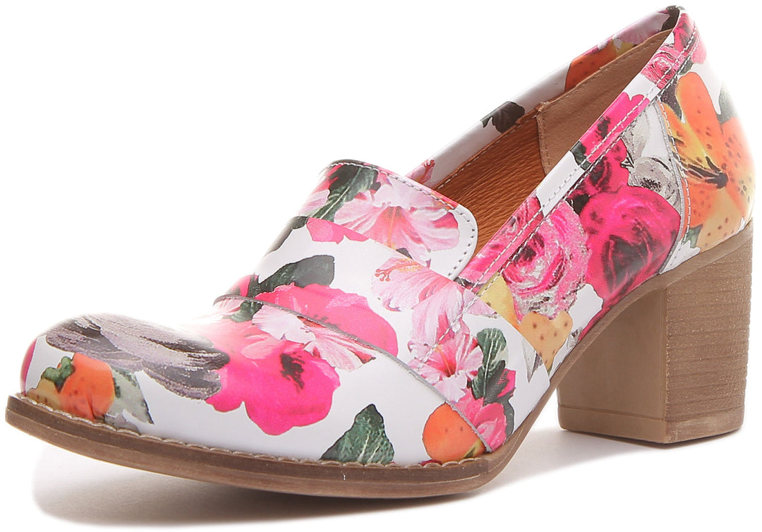 JUSTINREESS Dahlia Zapatos de piel con tacón en bloque para mujer en blanco floral