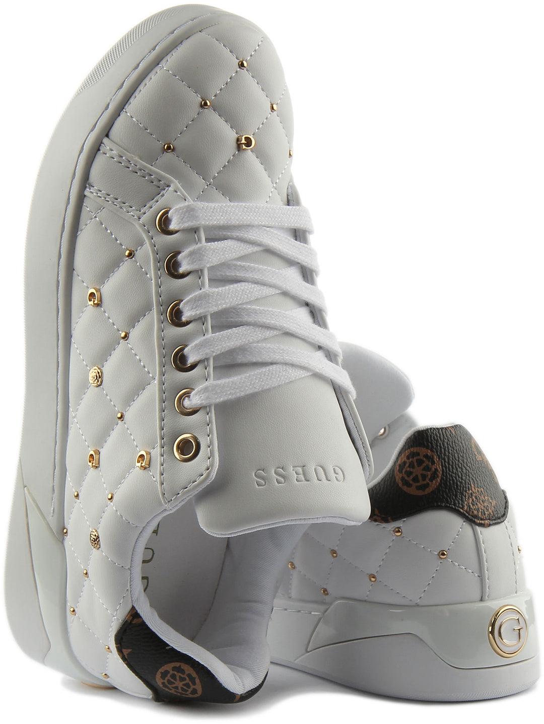 Guess Reea Womens Leather Trainers, 3 UK / White Gold