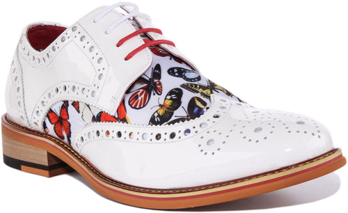 JUSTINREESS Julius Chaussures à lacets en cuir verni imprimé papillon pour hommes en blanc