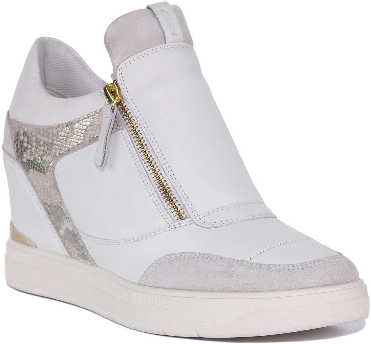 Geox Maurica White For Women Side Zip Wedge Sneaker Leather Shoe