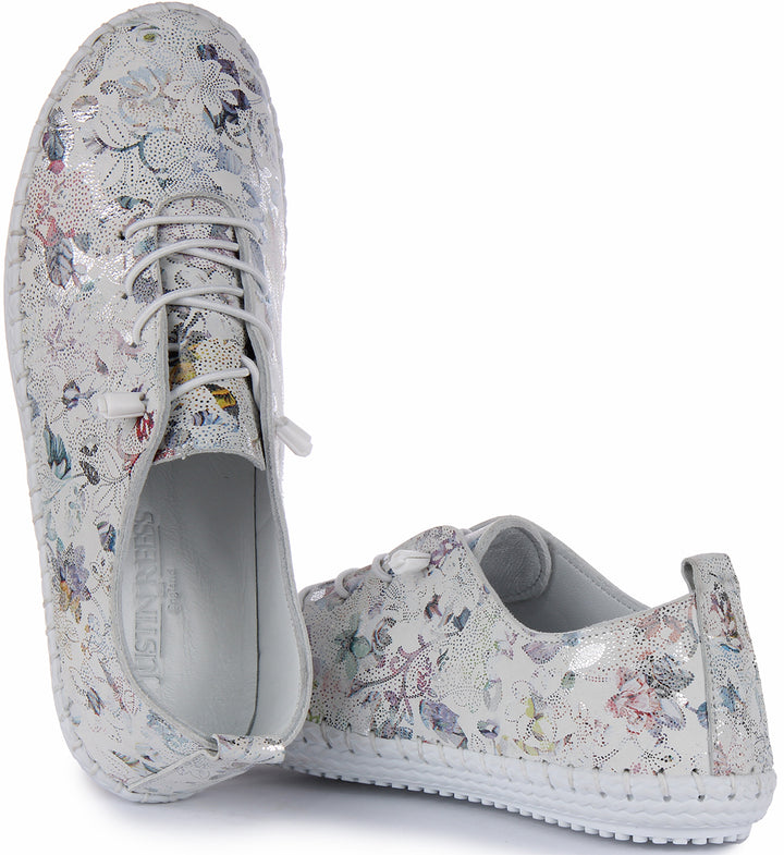 JUSTINREESS Lexi Scarpe antiscivolo in pelle con stampa floreale da donna in bianco