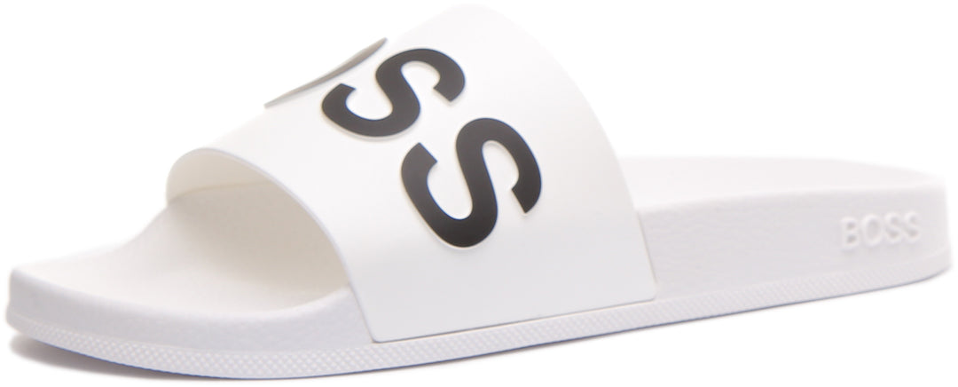 Hugo Boss Bay Herren Schlupf auf Slide Sandalen mit Logo Riemen Weiß Schwarz