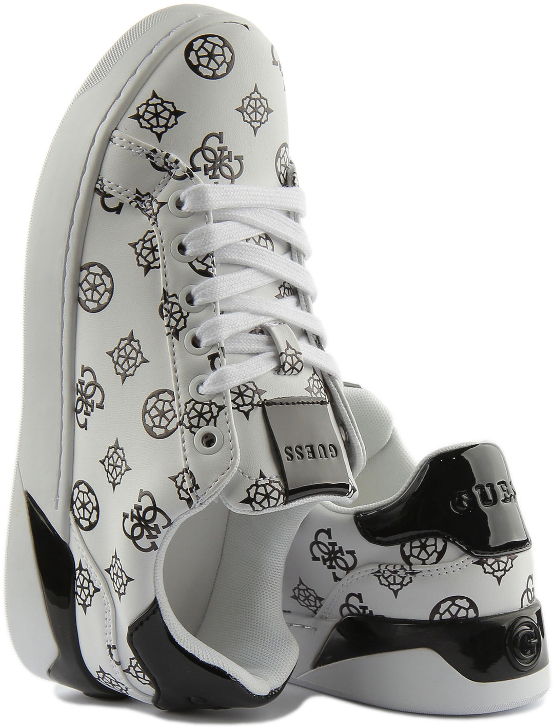 Guess Rheaa Zapatillas de deporte sintéticas con encaje 4G Peony Logo estampado para mujer en blanco negro