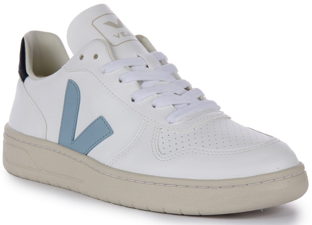Veja V 10 Cwl In White Blue For Men Organic Lace Up Trainers