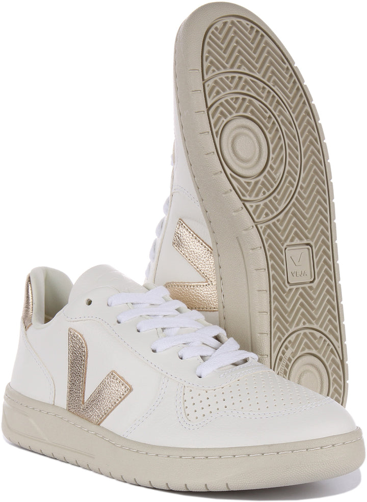 Veja V 10 Baskets à lacets en cuir chromefree pour hommes en blanc bronze