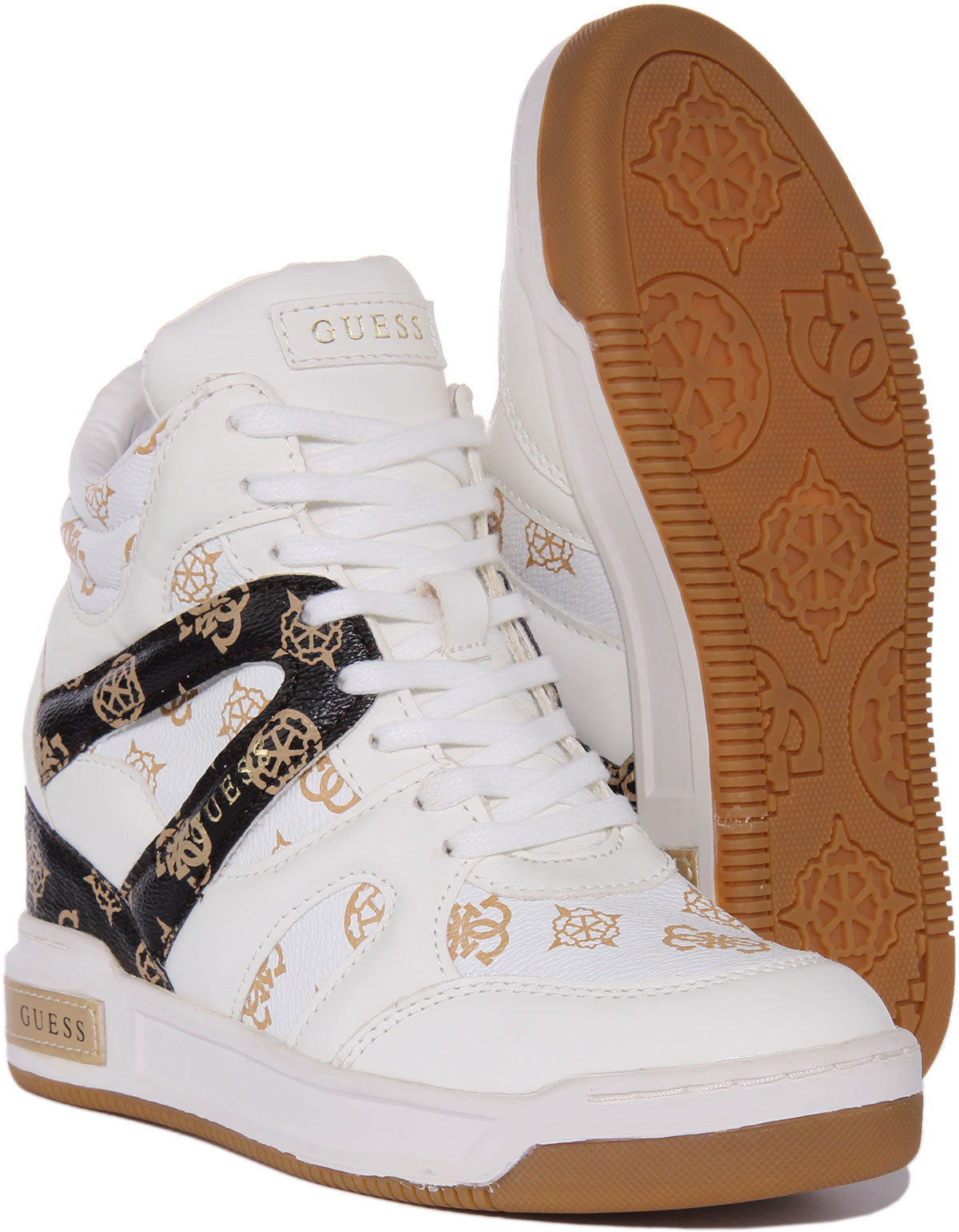 Guess Lisa Baskets semelles compens es en cuir synth tique pour femmes en blanc brun