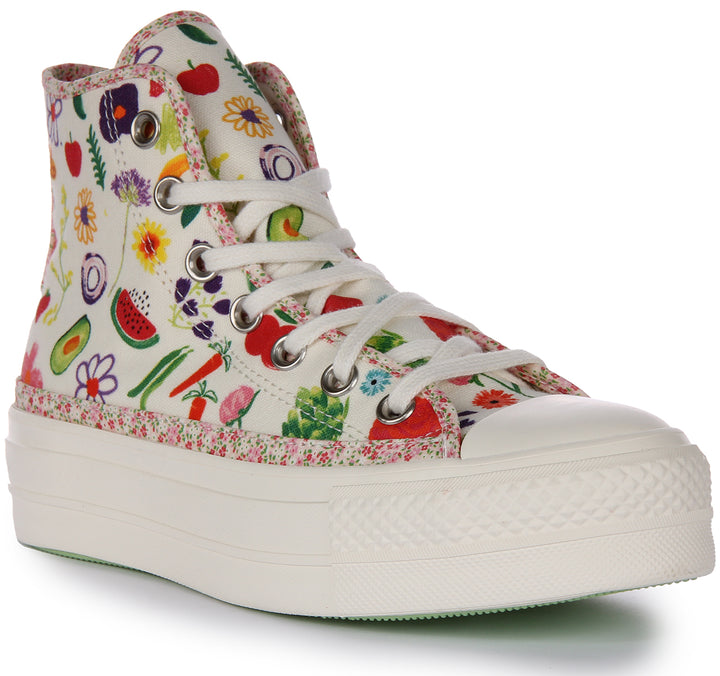Converse Chuck Taylor All Star Lift Zapatillas de plataforma con estampado de frutas y flores para mujer en blanco multi
