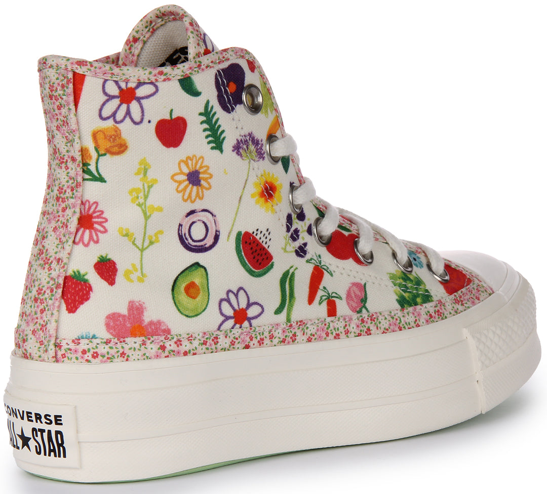 Converse Chuck Taylor All Star Lift Zapatillas de plataforma con estampado de frutas y flores para mujer en blanco multi