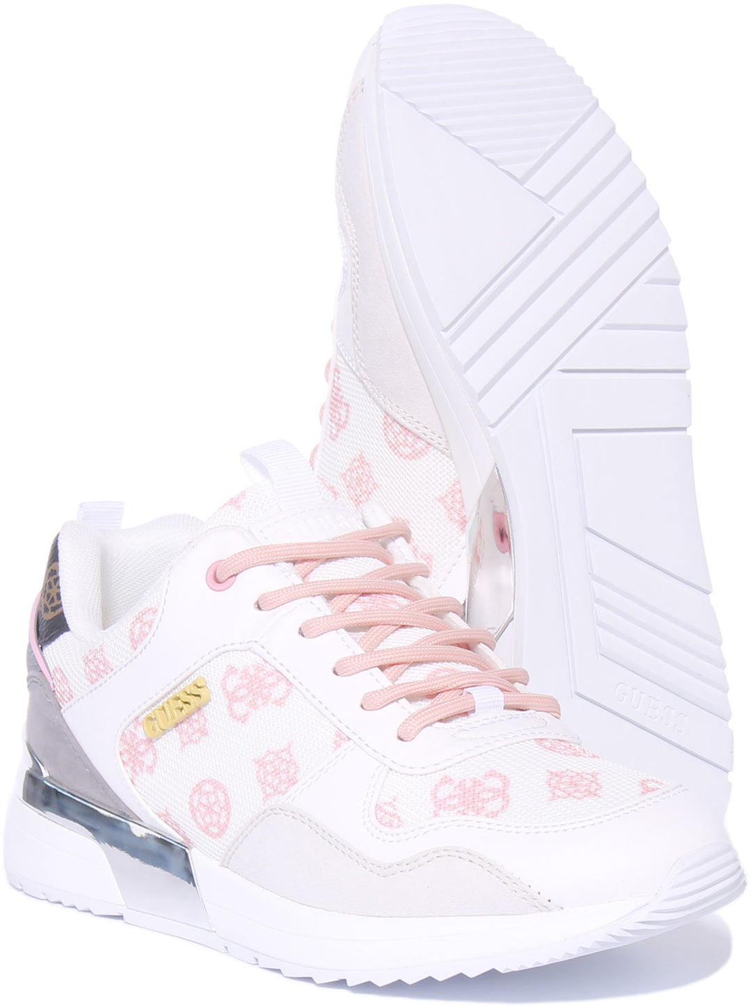 Guess Scarpe da ginnastica ispirate alla corsa con stampa del logo 4G da donna in bianco rosa