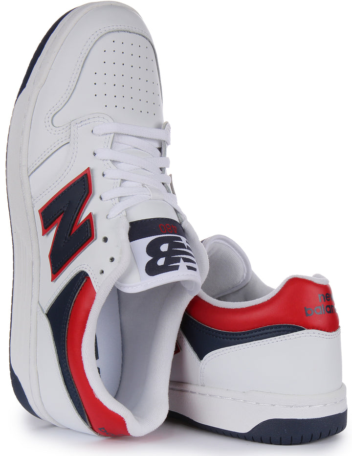 New Balance BB480LNR Zapatillas casual de piel con cordones para hombre en blanco rojo