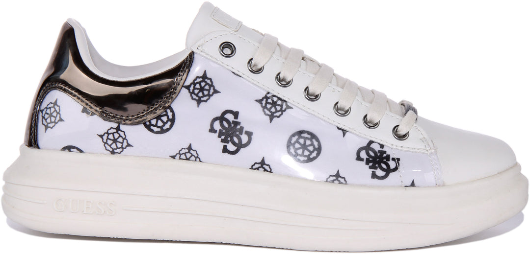 Guess Vibo In White Silver For Women Womens Platform 4G Trainers