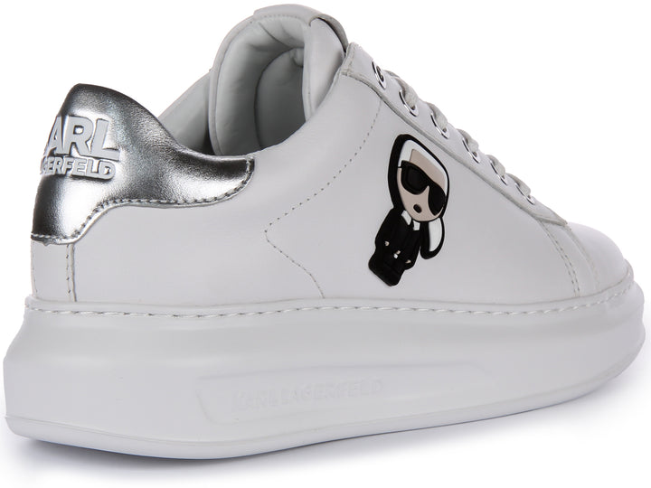 Karl Lagerfeld Kapri Zapatillas de cuero iconic con cordones para mujer en blanco plata