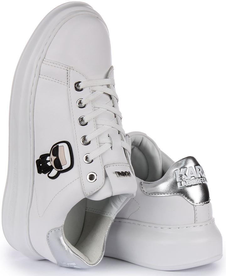 Karl Lagerfeld Kapri Zapatillas de cuero iconic con cordones para mujer en blanco plata