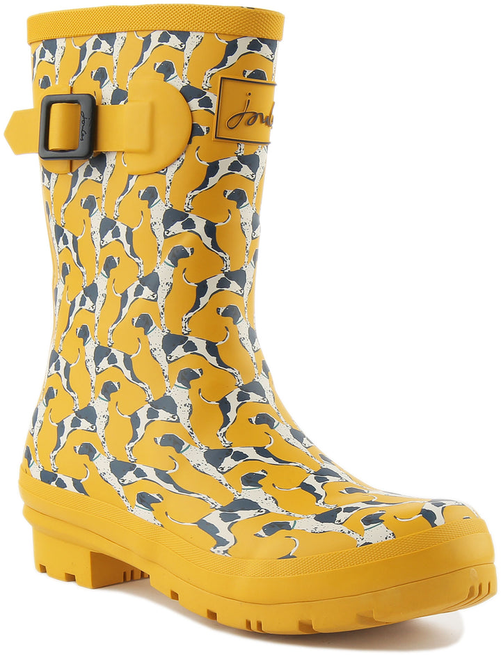 Joules Molly Welly Bota de lluvia con estampado de perros para mujer en amarillo