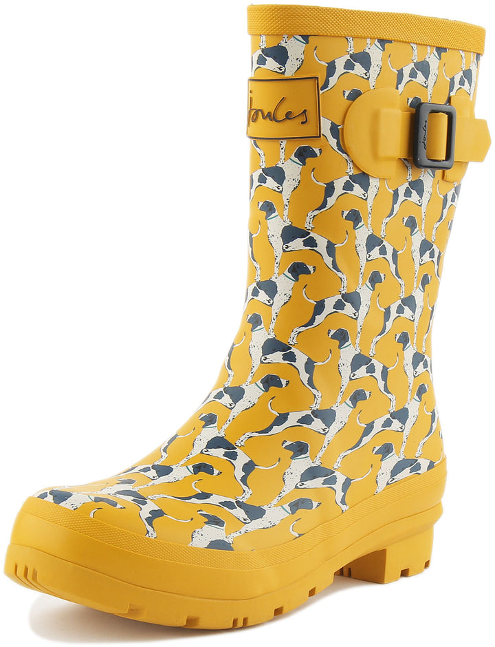 Joules Molly Welly Bota de lluvia con estampado de perros para mujer en amarillo