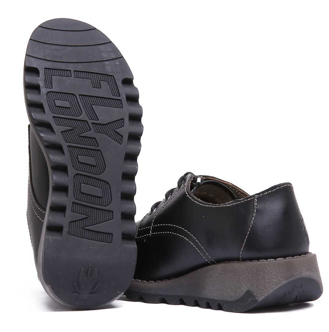 Fly London Simb K Chaussures à lacets à talon compensé en cuir noir pour enfants