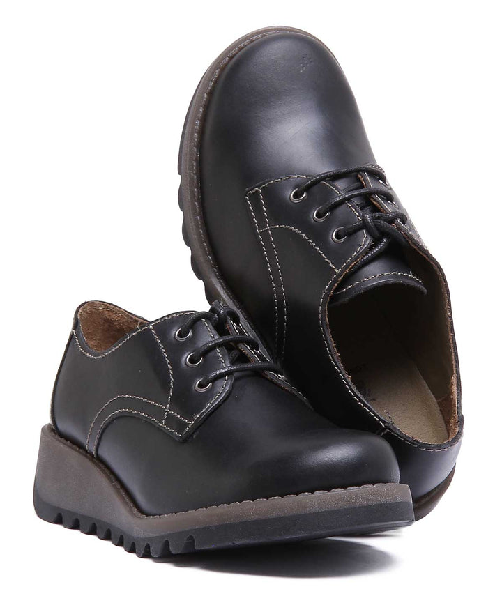 Fly London Simb K Chaussures à lacets à talon compensé en cuir noir pour enfants